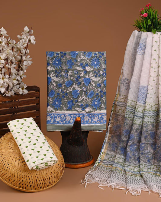 DESIGNER HAND BLOCK PRINT COTTON SUIT SET WITH KOTA DORIA DUPATTA