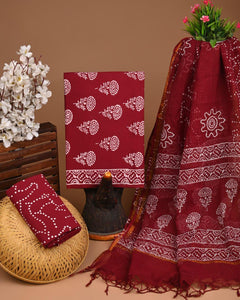 DESIGNER HAND BLOCK PRINT COTTON SUIT SET WITH KOTA DORIA DUPATTA
