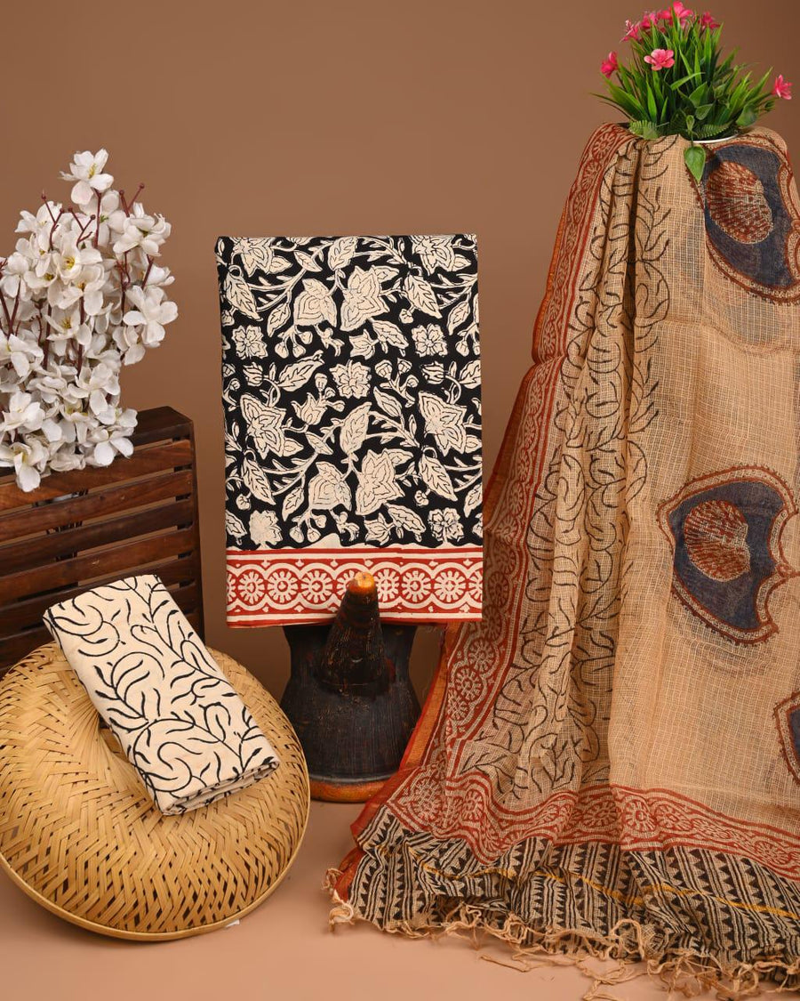 DESIGNER HAND BLOCK PRINT COTTON SUIT SET WITH KOTA DORIA DUPATTA
