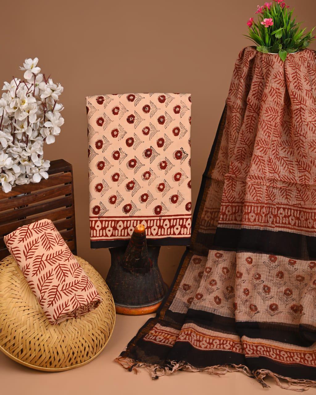 New Hand Block Print Cotton Suit Set with Kota Doria Dupatta
