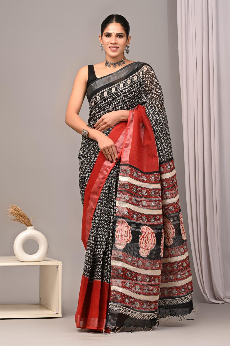 Hand Block Printed Linen Saree With Unstitched Blouse (SWSRLIL18)