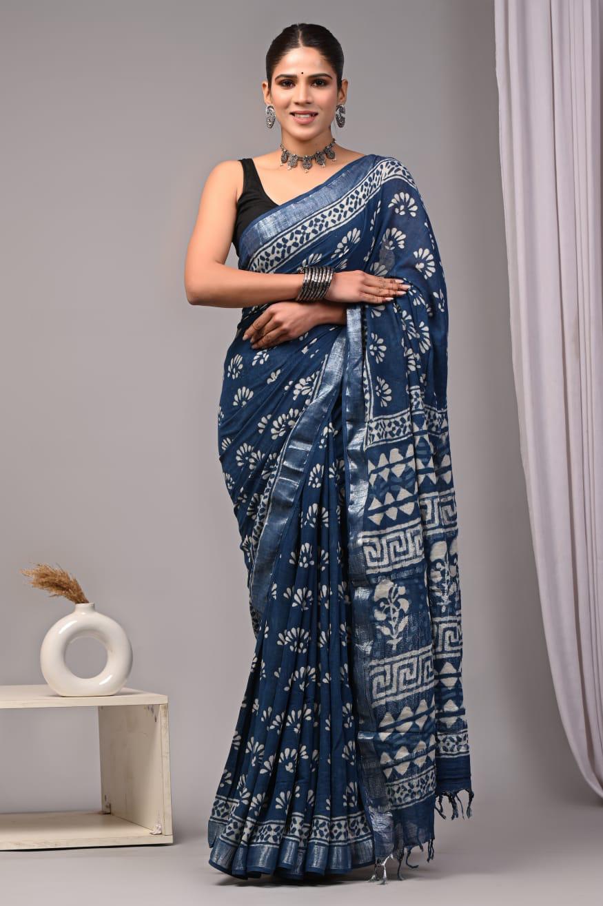 Hand Block Printed Linen Saree With Unstitched Blouse (SWSRLIL22)