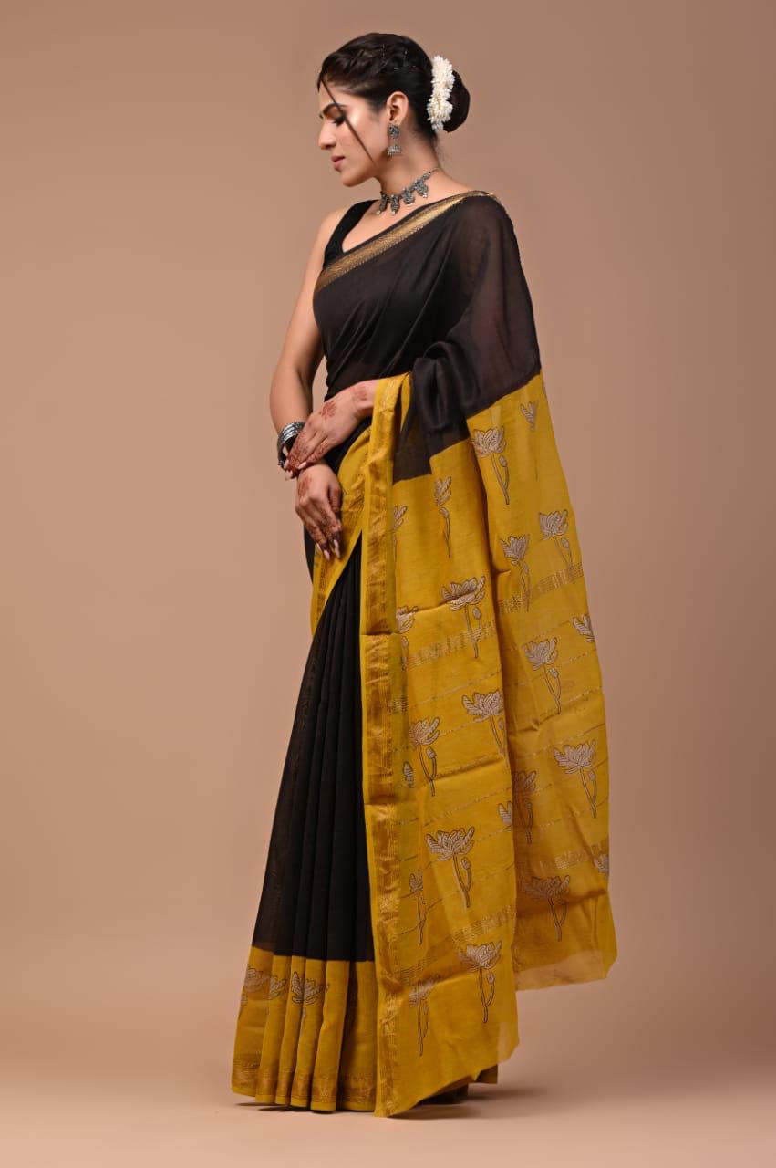 Exclusive Hand Block Printed Maheshwari Silk Saree (SWSRMAH49)