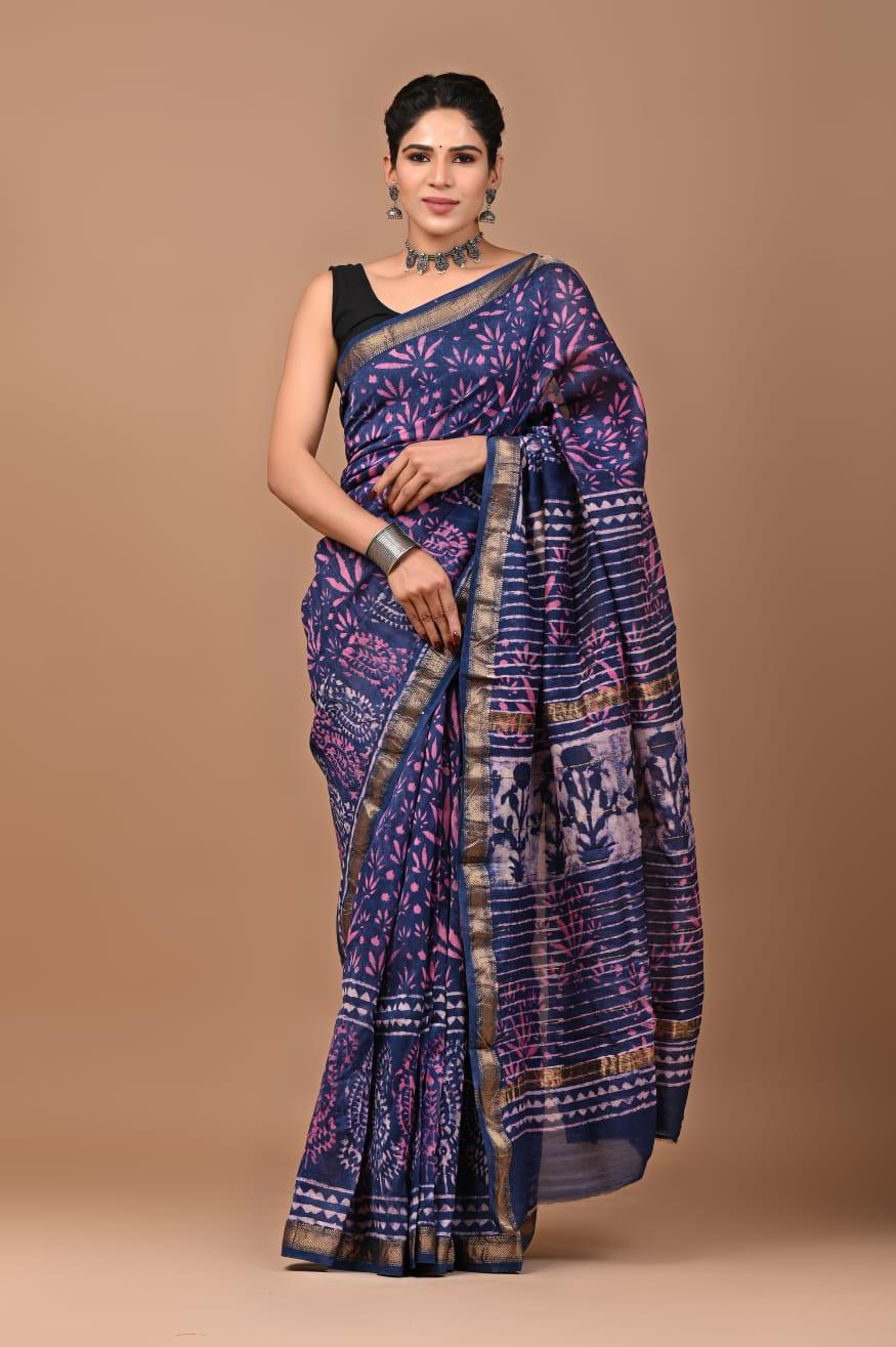 Exclusive Hand Block Printed Maheshwari Silk Saree (SWSRMAH01)