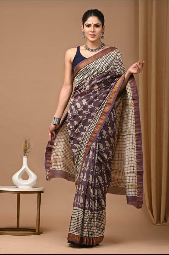 Exclusive Hand Block Printed Maheshwari Silk Saree (SWSRMAH01)