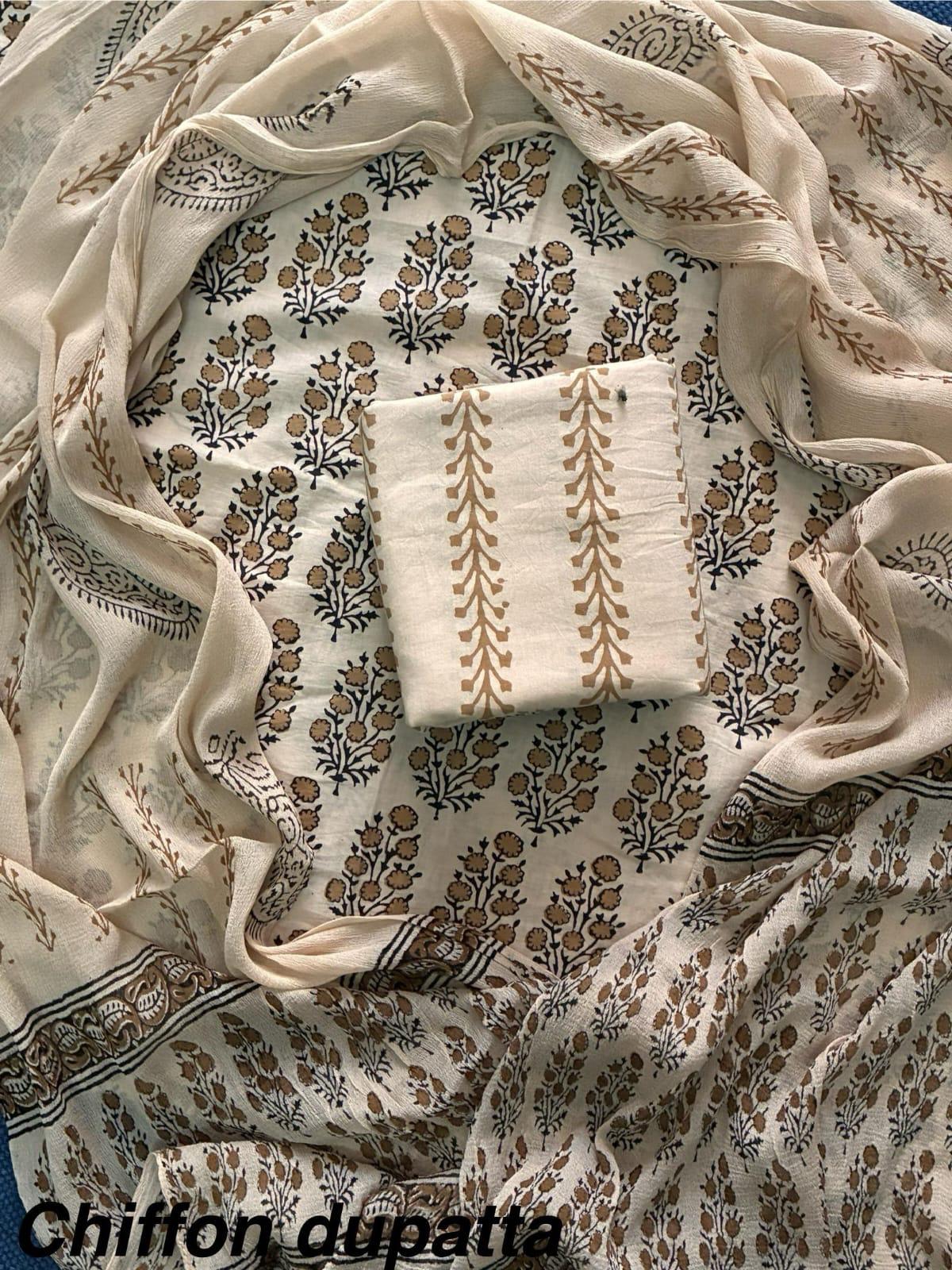 JAAL HAND BLOCK PRINT COTTON SUIT SET WITH CHIFFON DUPATTA(WACFCOTMU151)