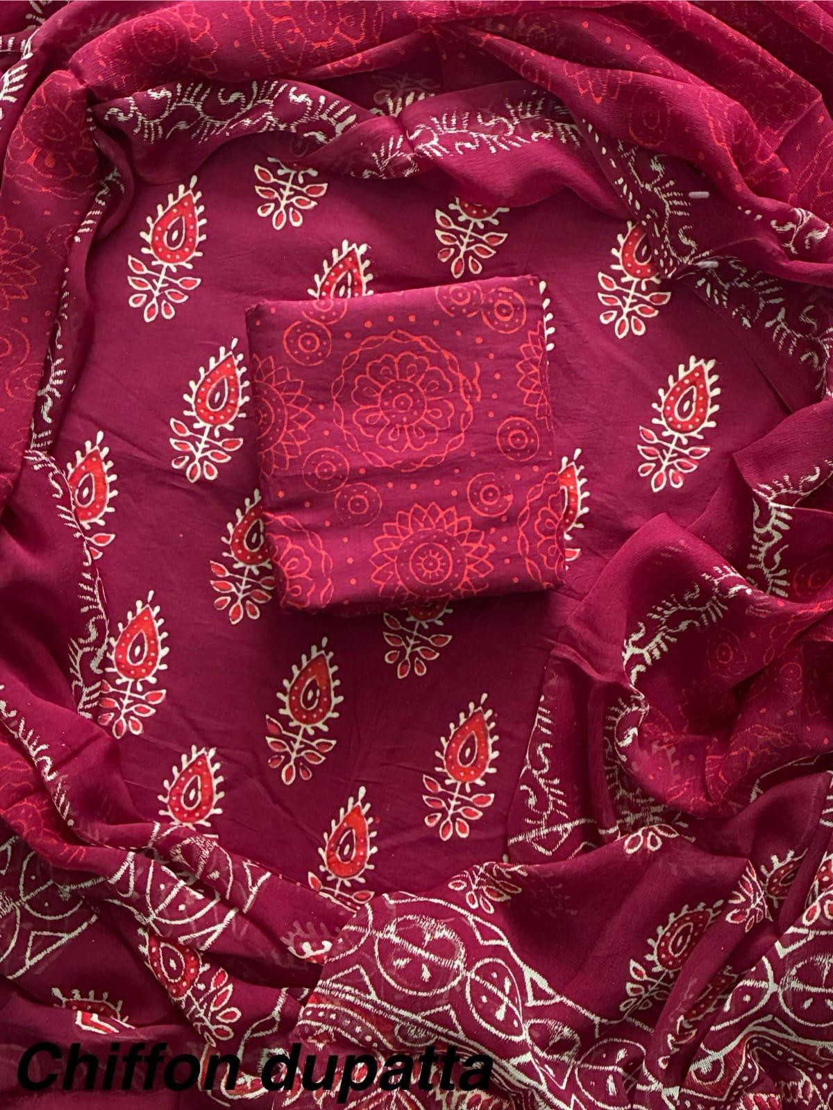 JAAL HAND BLOCK PRINT COTTON SUIT SET WITH CHIFFON DUPATTA(WACFCOTMU147)