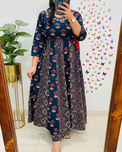 Launching beautiful ajrak print anarkali.. this pure cotton attire is worth buying to feel comfortable this summer...