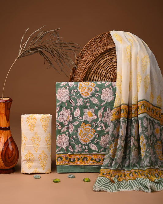JAAL HAND BLOCK PRINT COTTON SUIT SET WITH CHIFFON DUPATTA(WACFCOTMU137)