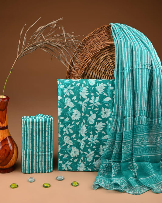 JAAL HAND BLOCK PRINT COTTON SUIT SET WITH CHIFFON DUPATTA(WACFCOTMU133)