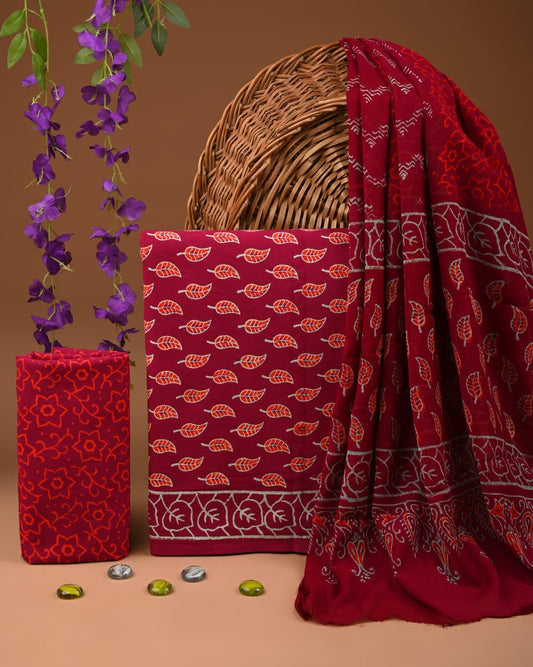 JAAL HAND BLOCK PRINT COTTON SUIT SET WITH CHIFFON DUPATTA(WACFCOTMU132)