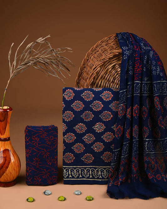 JAAL HAND BLOCK PRINT COTTON SUIT SET WITH CHIFFON DUPATTA(WACFCOTMU131)
