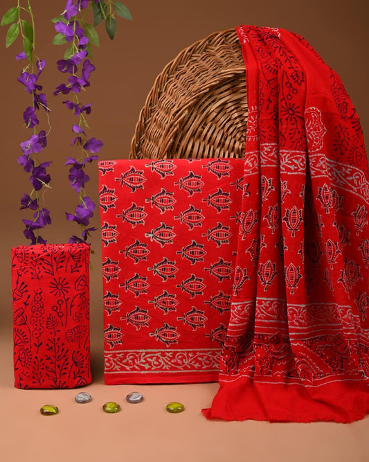 JAAL HAND BLOCK PRINT COTTON SUIT SET WITH CHIFFON DUPATTA(WACFCOTMU127)
