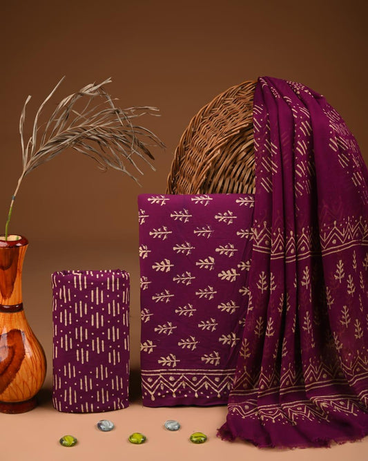 JAAL HAND BLOCK PRINT COTTON SUIT SET WITH CHIFFON DUPATTA(WACFCOTMU125)