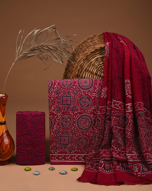 JAAL HAND BLOCK PRINT COTTON SUIT SET WITH CHIFFON DUPATTA(WACFCOTMU124)