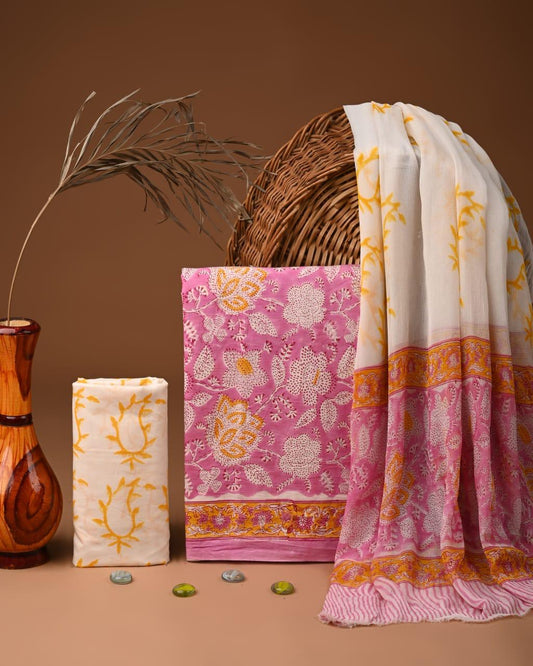 JAAL HAND BLOCK PRINT COTTON SUIT SET WITH CHIFFON DUPATTA(WACFCOTMU123)