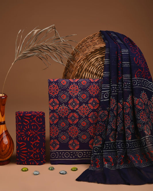JAAL HAND BLOCK PRINT COTTON SUIT SET WITH CHIFFON DUPATTA(WACFCOTMU122)
