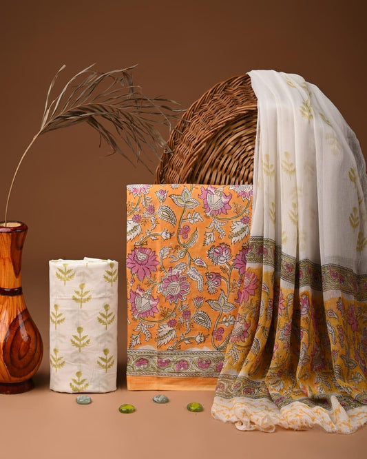 JAAL HAND BLOCK PRINT COTTON SUIT SET WITH CHIFFON DUPATTA(WACFCOTMU121)