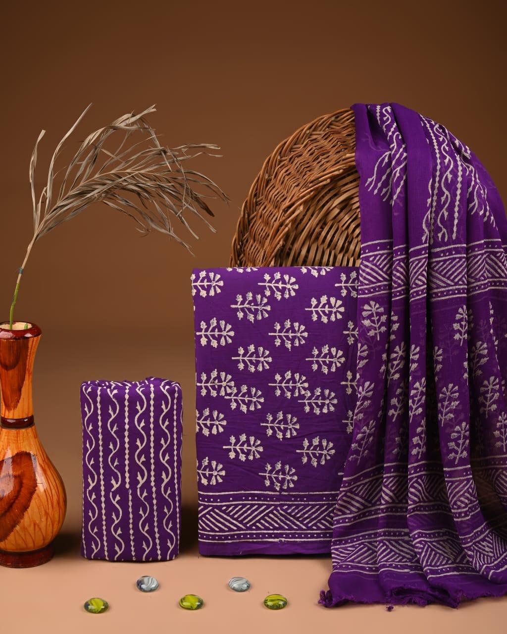 JAAL HAND BLOCK PRINT COTTON SUIT SET WITH CHIFFON DUPATTA(WACFCOTMU112)