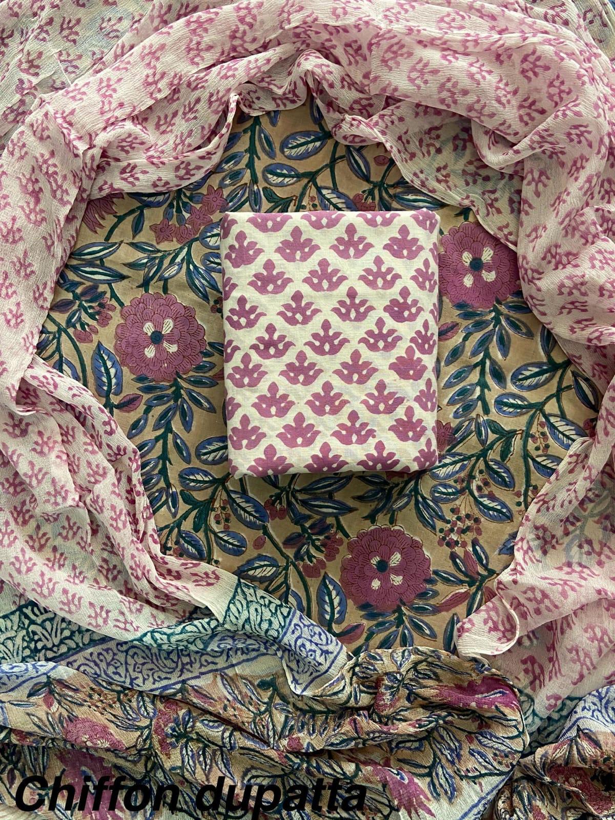 New Premium Hand Block Print Cotton Suit Set with Chiffon Dupatta(WACFCOTMU50)