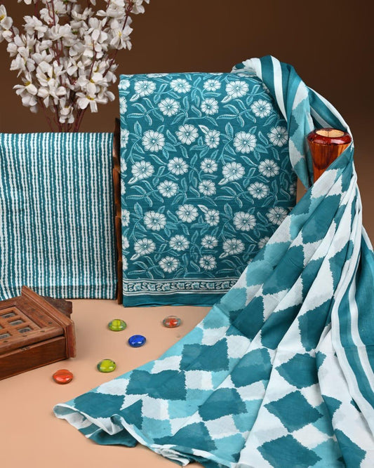 ELEGANT HAND BLOCK PRINT COTTON SUIT SET WITH MULMUL DUPATTA(WACOTMU16)
