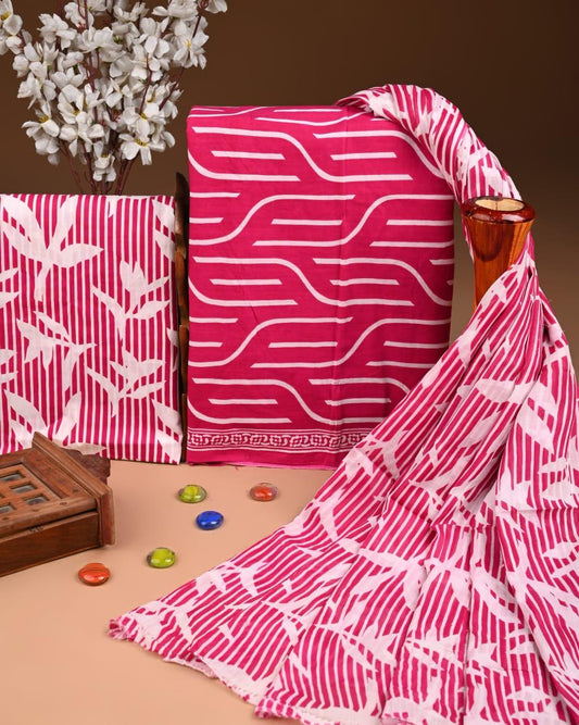ELEGANT HAND BLOCK PRINT COTTON SUIT SET WITH MULMUL DUPATTA(WACOTMU11)