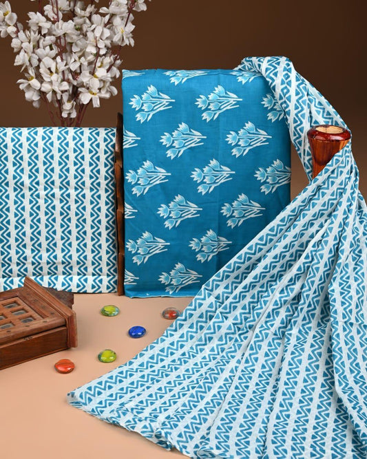 ELEGANT HAND BLOCK PRINT COTTON SUIT SET WITH MULMUL DUPATTA(WACOTMU09)