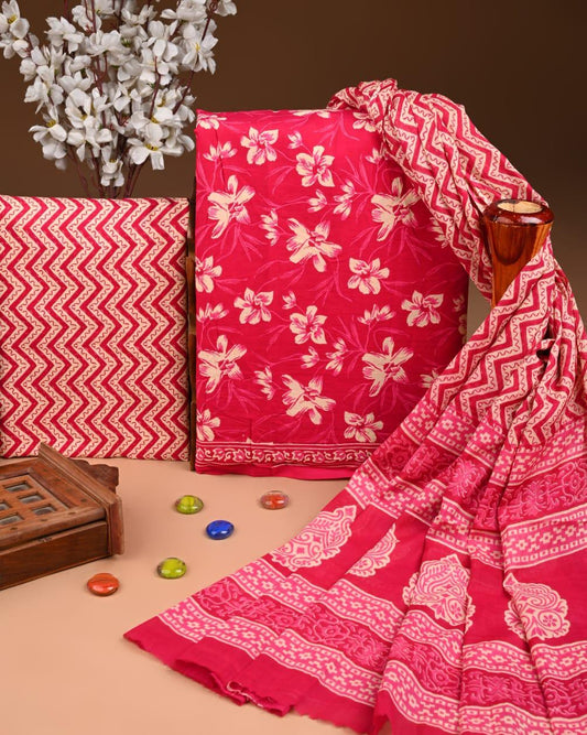 ELEGANT HAND BLOCK PRINT COTTON SUIT SET WITH MULMUL DUPATTA(WACOTMU08)