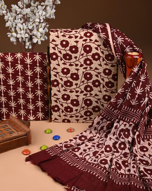 ELEGANT HAND BLOCK PRINT COTTON SUIT SET WITH MULMUL DUPATTA(WACOTMU07)