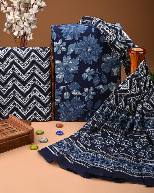 ELEGANT HAND BLOCK PRINT COTTON SUIT SET WITH MULMUL DUPATTA(WACOTMU06)