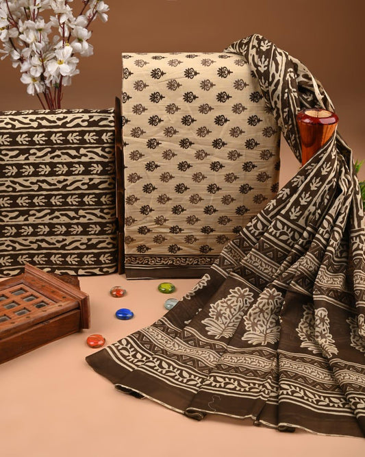 ELEGANT HAND BLOCK PRINT COTTON SUIT SET WITH MULMUL DUPATTA(WACOTMU05)