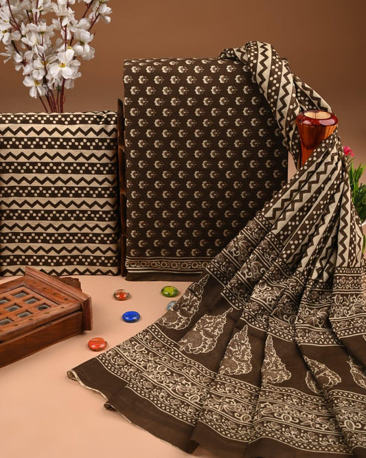 ELEGANT HAND BLOCK PRINT COTTON SUIT SET WITH MULMUL DUPATTA(WACOTMU04)