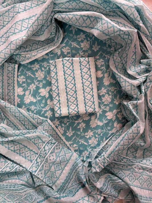 Designer Hand Block Print Cotton Suit Set with Mulmul Dupatta(WACOTMU114)