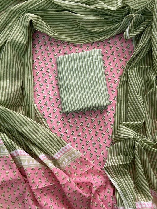 Designer Hand Block Print Cotton Suit Set with Mulmul Dupatta(WACOTMU116)
