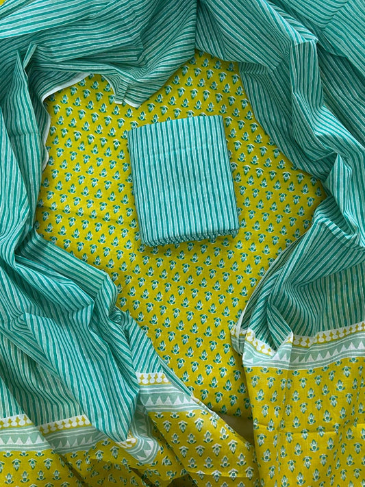 Designer Hand Block Print Cotton Suit Set with Mulmul Dupatta(WACOTMU117)