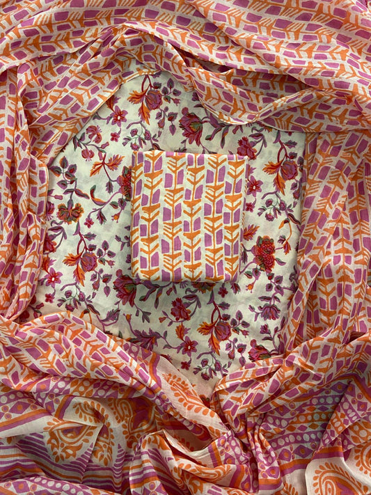 Designer Hand Block Print Cotton Suit Set with Mulmul Dupatta(WACOTMU118)