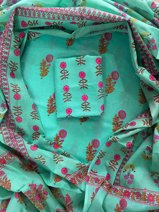 Designer Hand Block Print Cotton Suit Set with Mulmul Dupatta(WACOTMU119)
