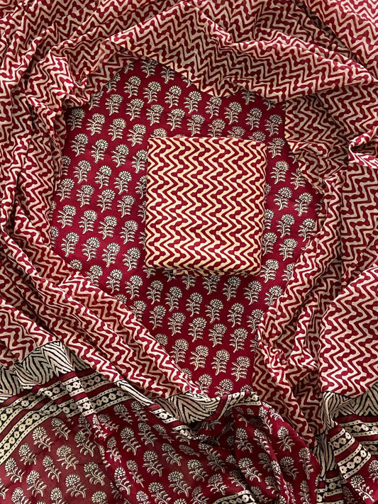 Designer Hand Block Print Cotton Suit Set with Mulmul Dupatta(WACOTMU120)