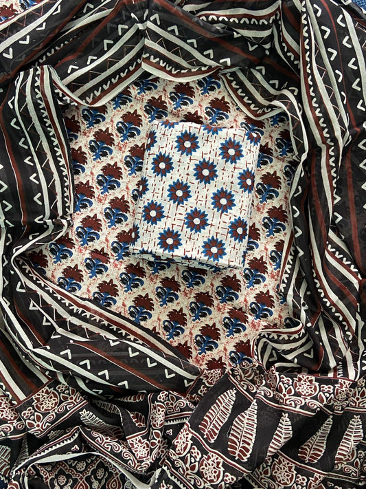 Designer Hand Block Print Cotton Suit Set with Mulmul Dupatta(WACOTMU121)