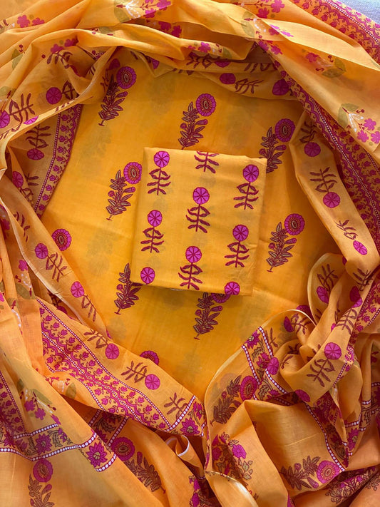 Designer Hand Block Print Cotton Suit Set with Mulmul Dupatta(WACOTMU123)