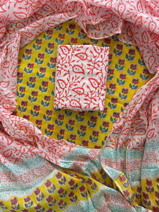 Designer Hand Block Print Cotton Suit Set with Mulmul Dupatta(WACOTMU126)