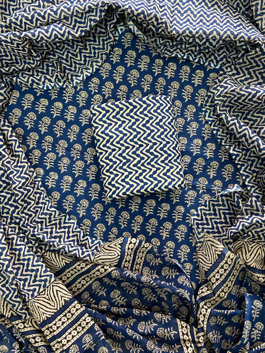 Designer Hand Block Print Cotton Suit Set with Mulmul Dupatta(WACOTMU127)