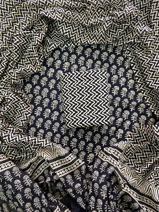 Designer Hand Block Print Cotton Suit Set with Mulmul Dupatta(WACOTMU129)
