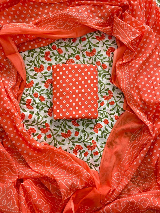Designer Hand Block Print Cotton Suit Set with Mulmul Dupatta(WACOTMU158)