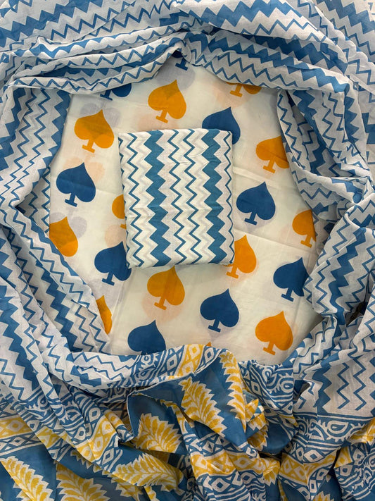 Designer Hand Block Print Cotton Suit Set with Mulmul Dupatta(WACOTMU157)
