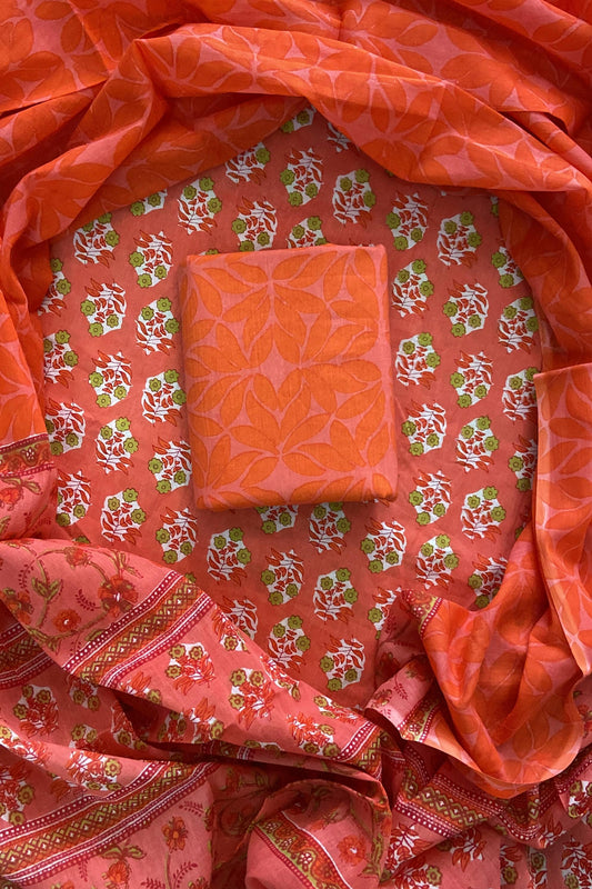 Designer Hand Block Print Cotton Suit Set with Mulmul Dupatta(WACOTMU153)