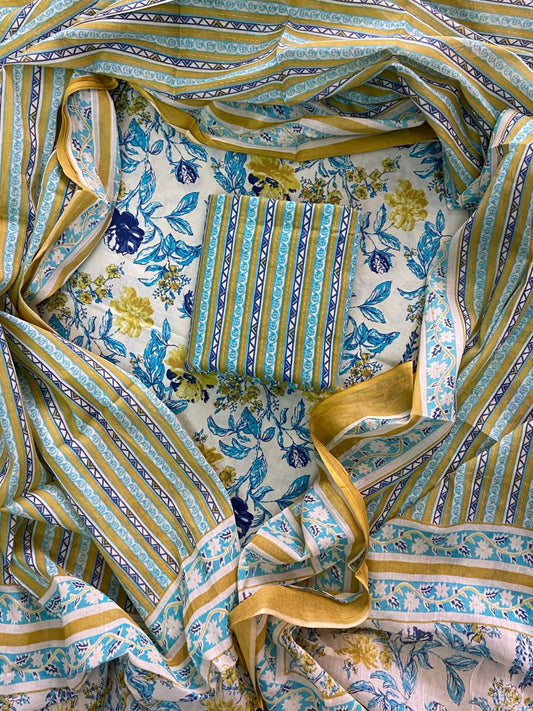 Designer Hand Block Print Cotton Suit Set with Mulmul Dupatta(WACOTMU152)