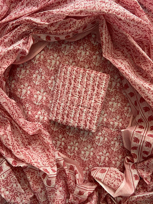 Designer Hand Block Print Cotton Suit Set with Mulmul Dupatta(WACOTMU139)
