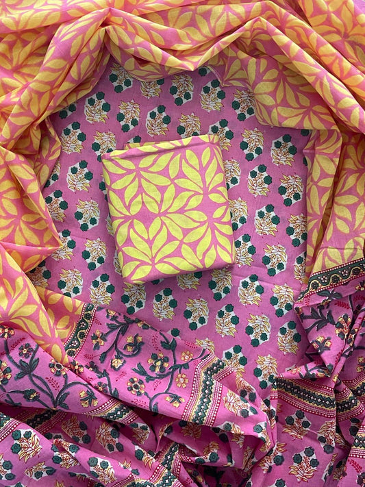 Designer Hand Block Print Cotton Suit Set with Mulmul Dupatta(WACOTMU138)