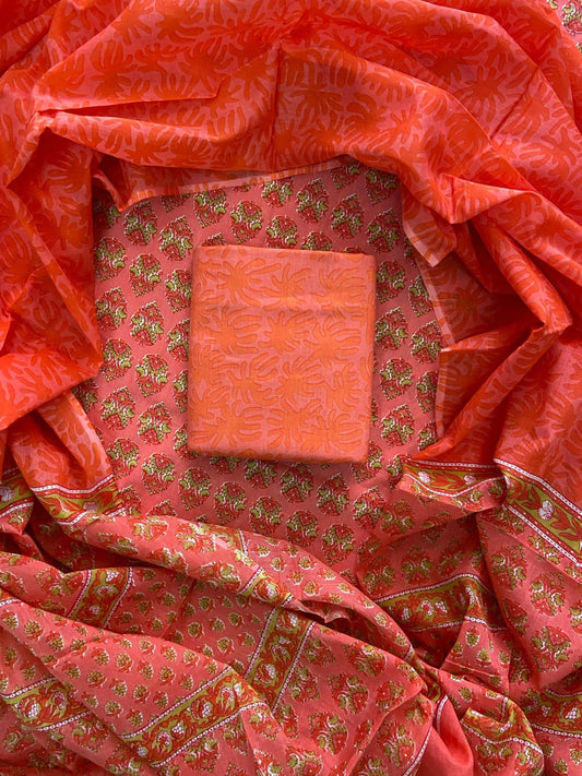 Designer Hand Block Print Cotton Suit Set with Mulmul Dupatta(WACOTMU137)